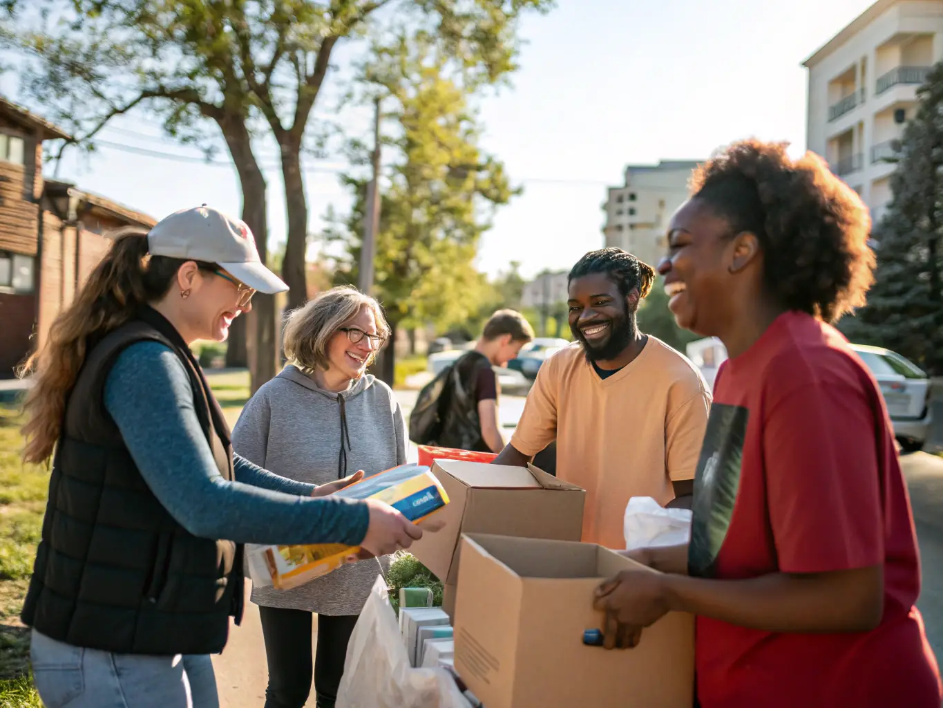 A heartwarming image of volunteers participating in a humanitarian aid distribution organized by ROLLER ASSOCIATION, providing essential supplies to those in need.