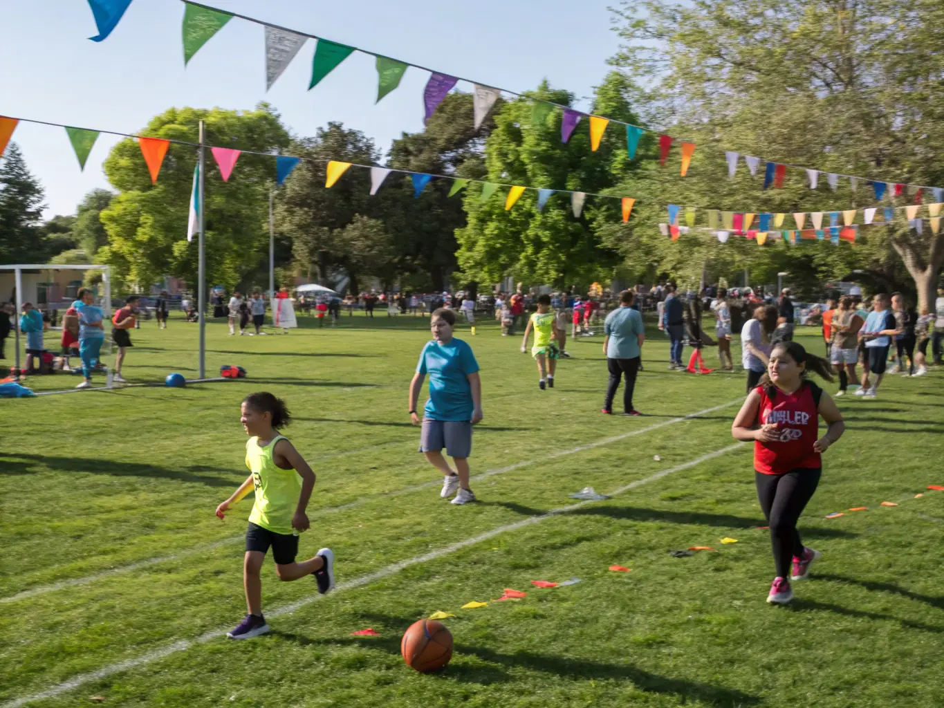 A dynamic image showcasing a community sports event organized by ROLLER ASSOCIATION, with participants of all ages and backgrounds actively engaged in a friendly competition.