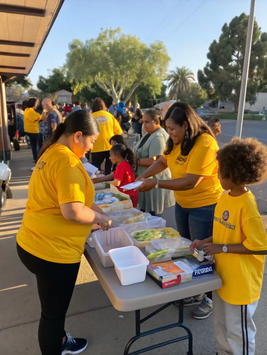 A heartwarming photo of a ROLLER ASSOCIATION humanitarian event, showing volunteers distributing food and supplies to those in need in a local community.