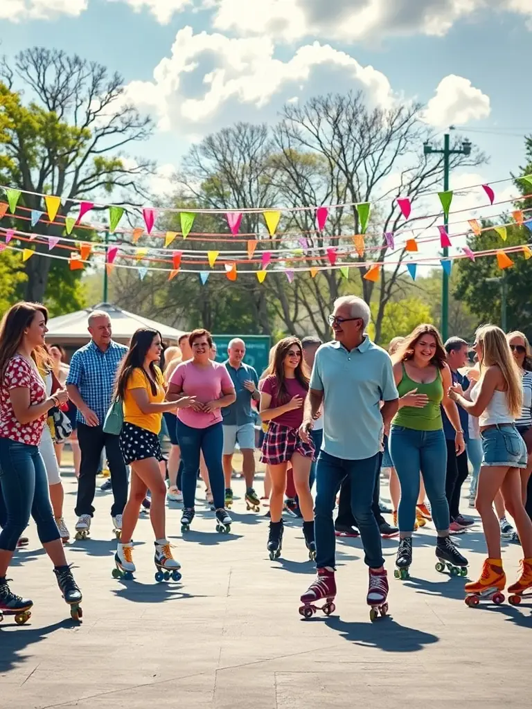 A dynamic image of a ROLLER ASSOCIATION sports event, featuring participants roller-skating in a friendly competition at a local park.